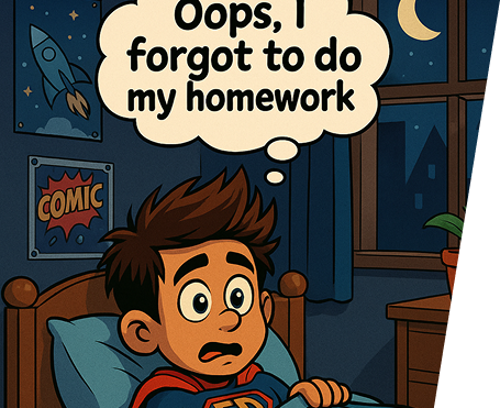 Cartoon child in superhero costume waking up in bed, realizing they forgot their homework