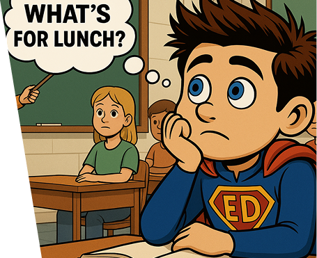 Cartoon child in superhero costume at school, daydreaming about lunch