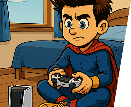 Cartoon child in superhero costume playing PlayStation at home