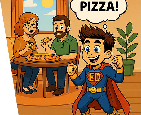 Cartoon child in superhero costume celebrating with parent while receiving pizza