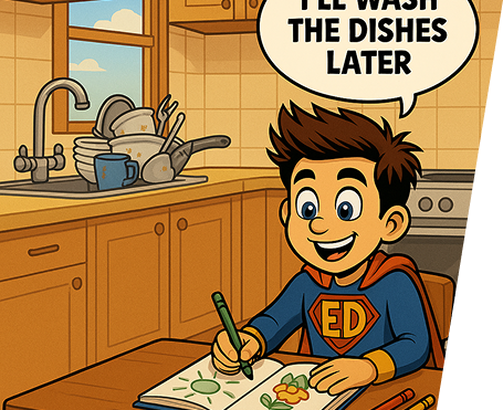 Cartoon child in superhero costume drawing while thinking about washing dishes later