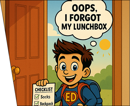 Cartoon child in superhero costume looking surprised after forgetting lunchbox