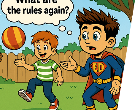 Cartoon child in superhero costume playing football with a friend
