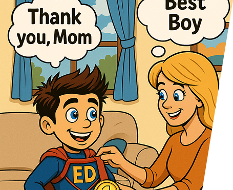 Cartoon child in superhero costume talking to his mom