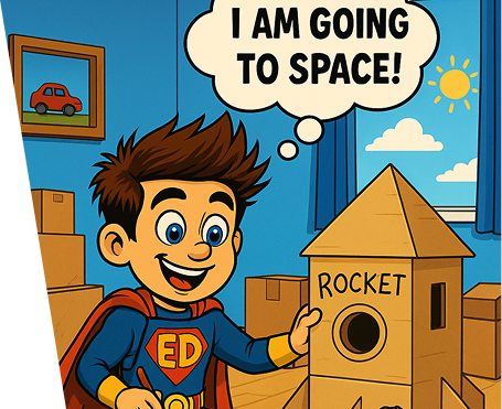 Cartoon child in superhero costume playing and using imagination