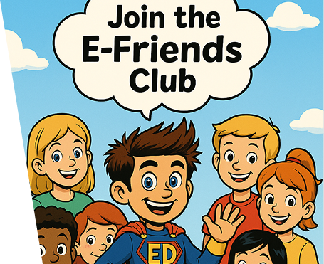 Cartoon child in superhero costume with friends
