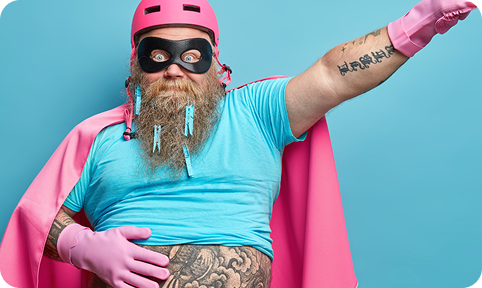 Man in a superhero costume expressing creativity