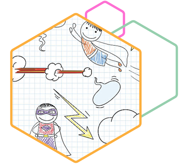 Hand-drawn sketch of superheroes on paper, illustrating the concept of finding your superpower